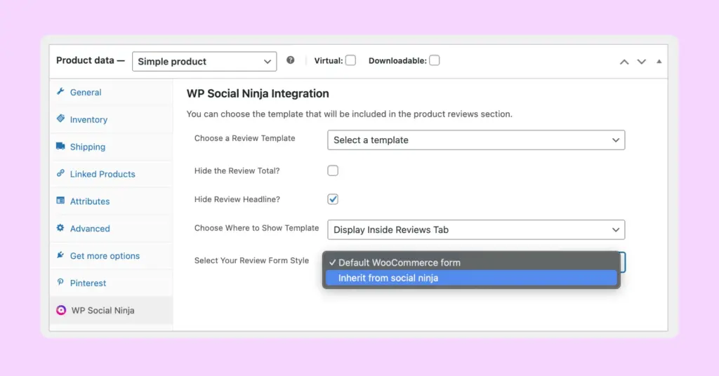 WooCommerce product specific settings - wp social ninja integration