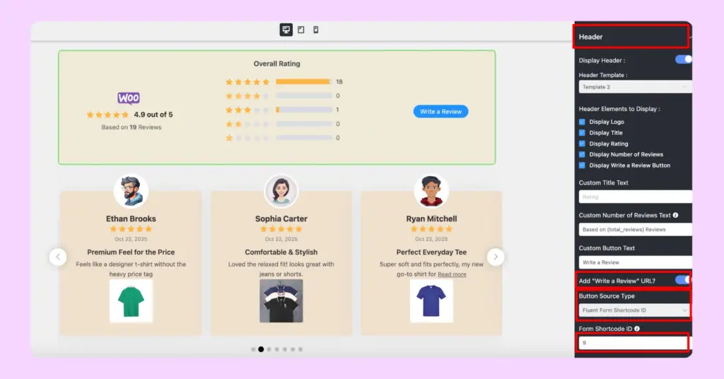 WooCommerce review template settings panel