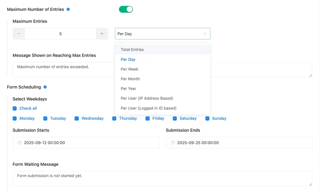 Fluent Forms Datepicket settings