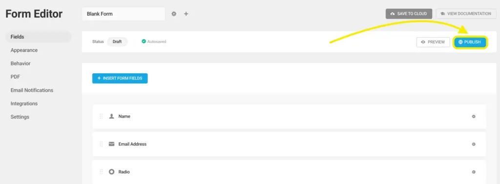Forminator form editor with name, email field and publish option