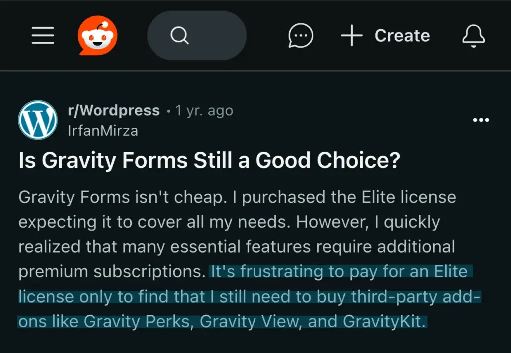 Gravity Forms user on Reddit