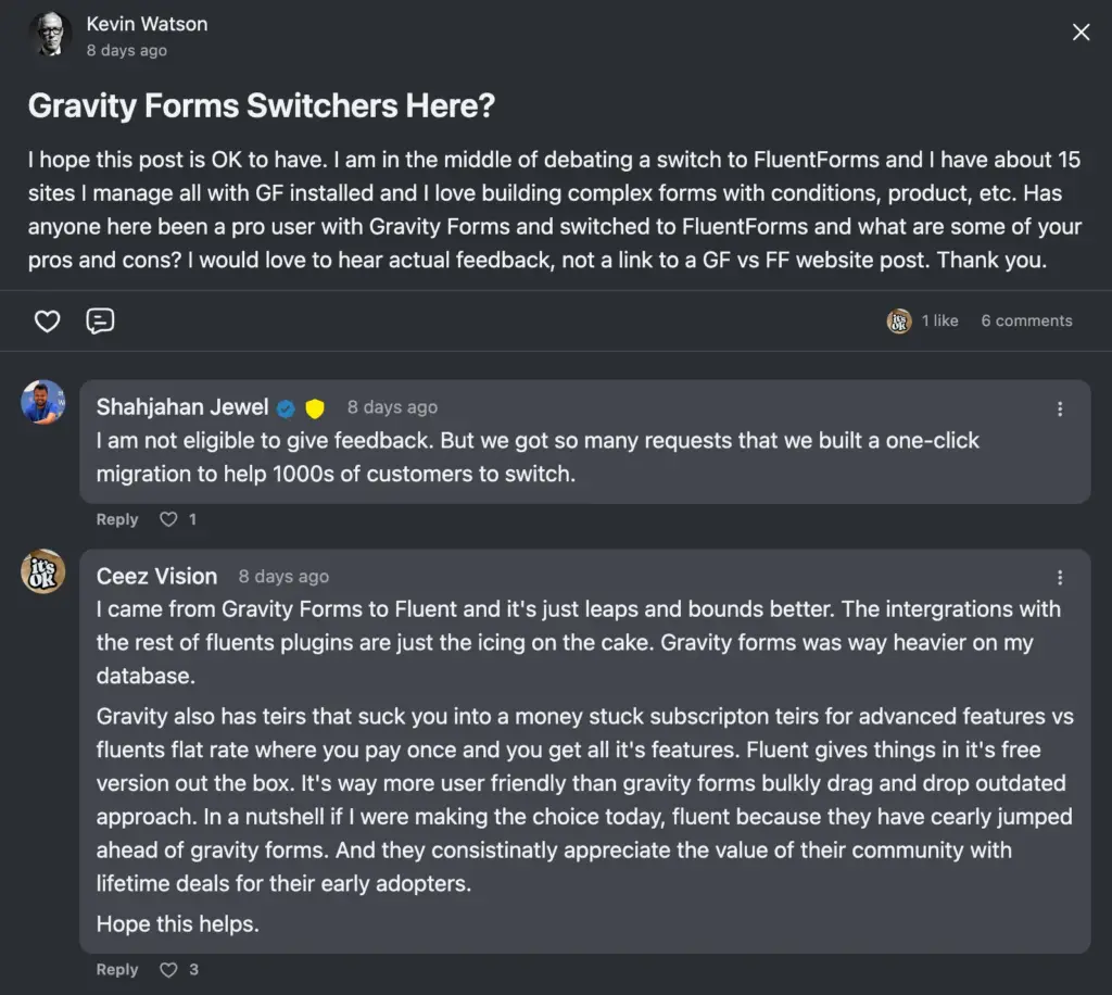 Gravity Forms to Fluent Forms switcher at Fluent Forms community space