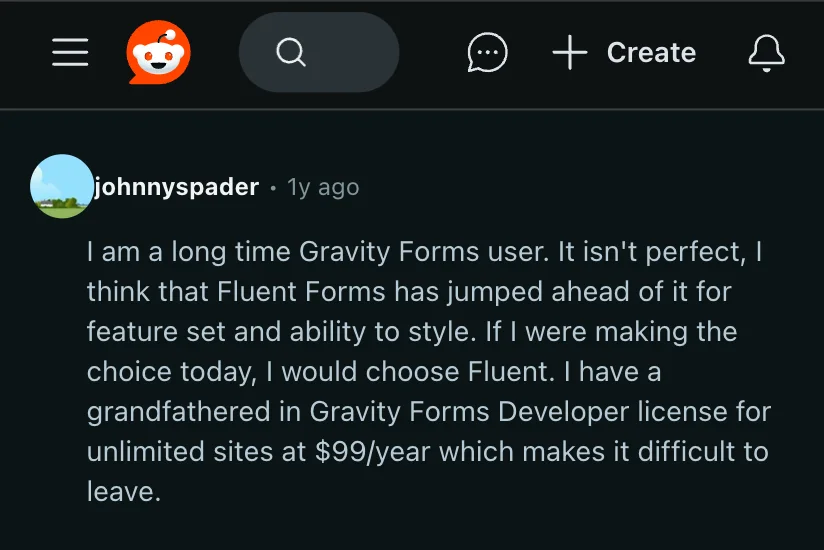 Gravity Forms user about Fluent Forms on Reddit