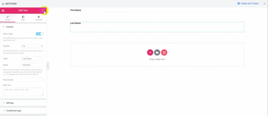 MetForm builder in Elementor - Name input fields