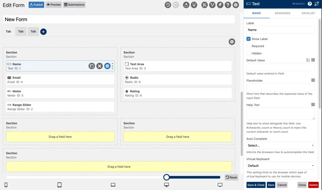 WS form builder with text field settings, renamed as name, text area, radio, email, rating, and range slider input fields