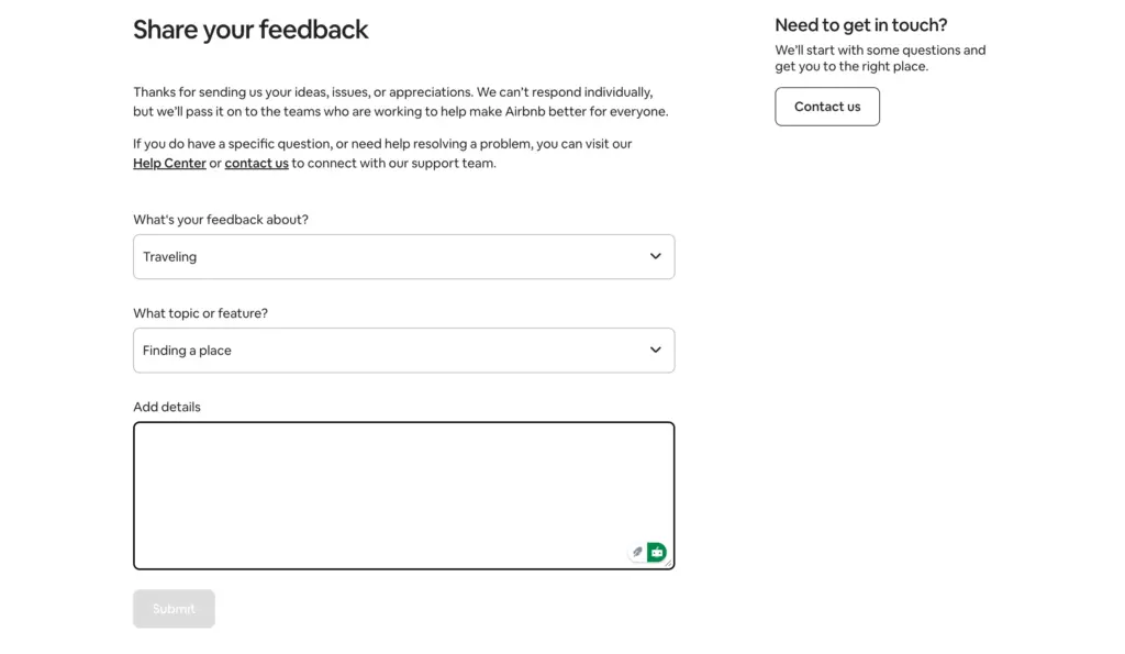 Airbnb website/app feedback form
