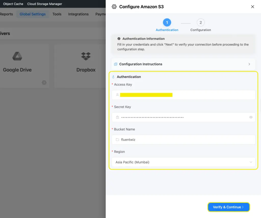 Amazon S3 authentication for Fluent Forms