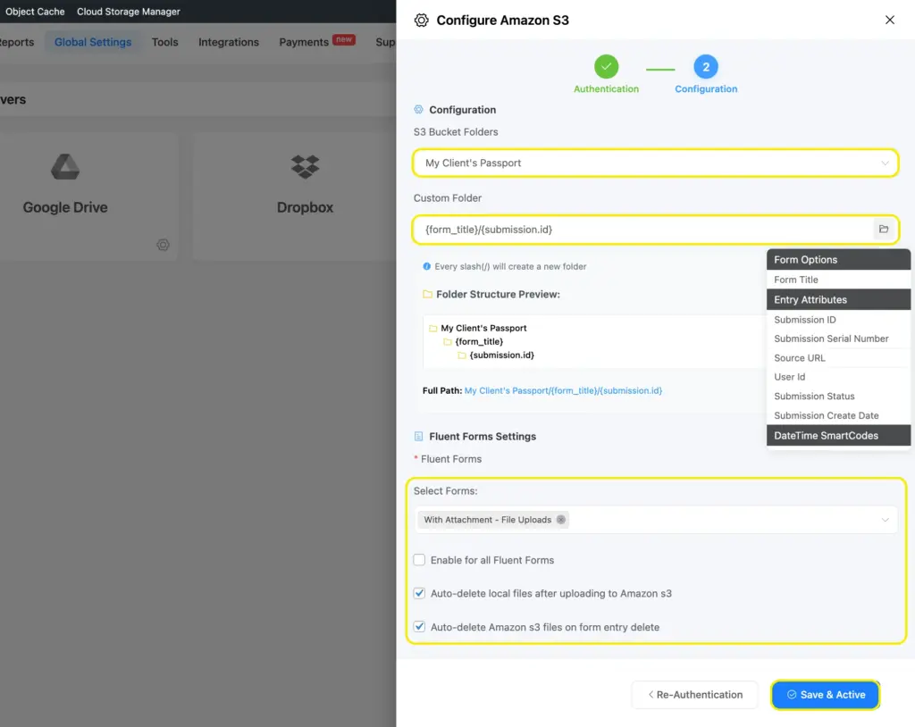 Amazon S3 configuration for Fluent Forms