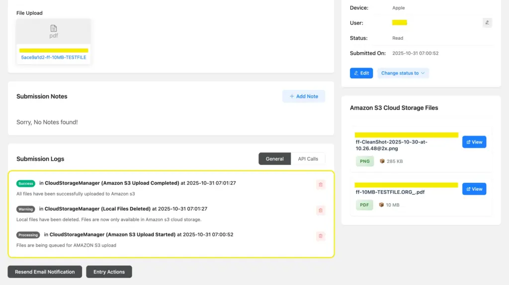 Cloud upload processing status in Fluent Forms individual entries