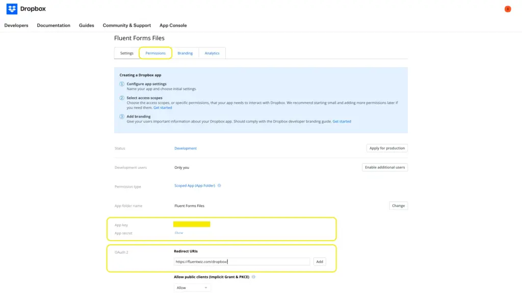 Configure Dropbox settings