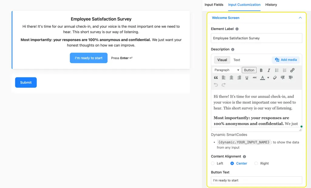 Conversational form welcome screen customization in Fluent Forms