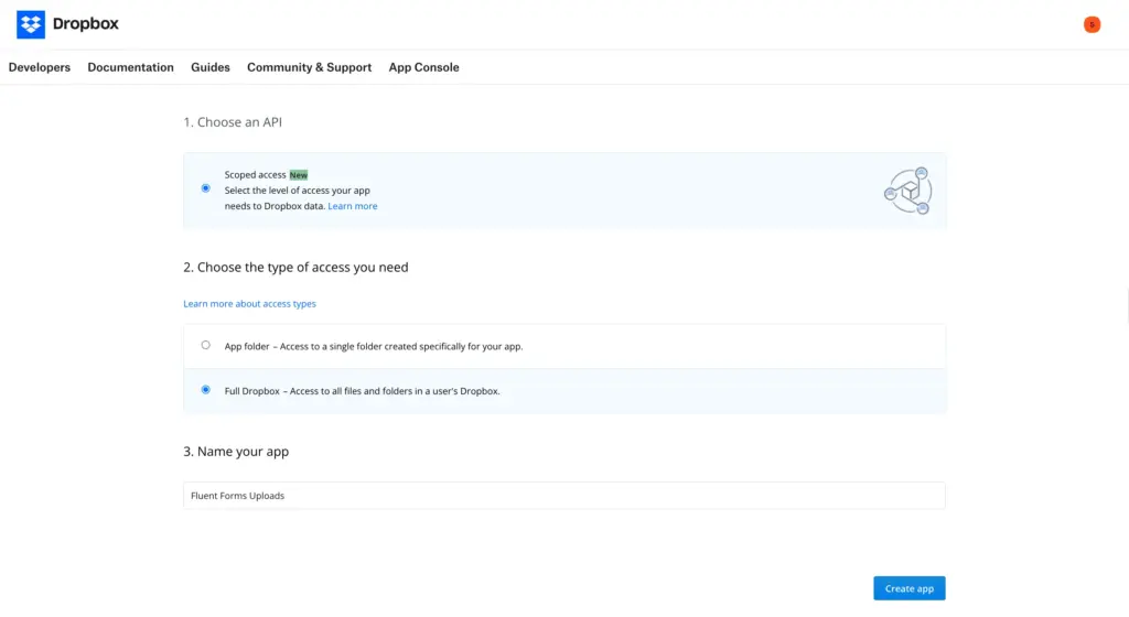 Create app in Dropbox