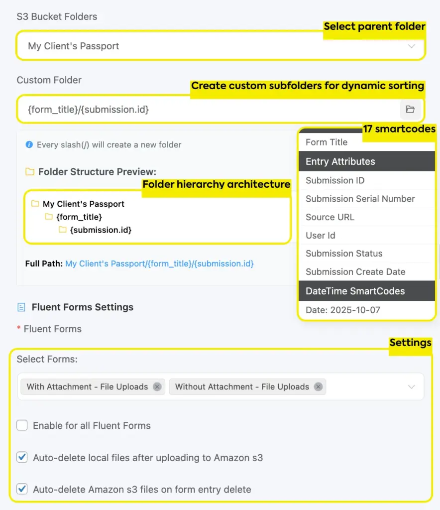 Custom folder creation and auto delete settings for Fluent Forms cloud upload