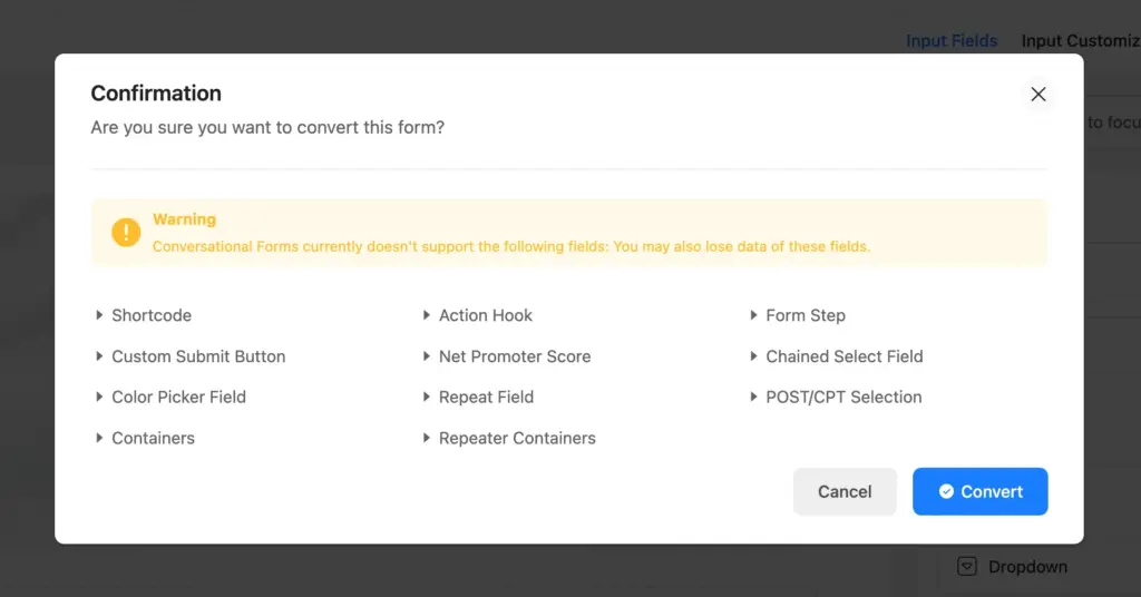 Fields that aren't supported in conversational forms