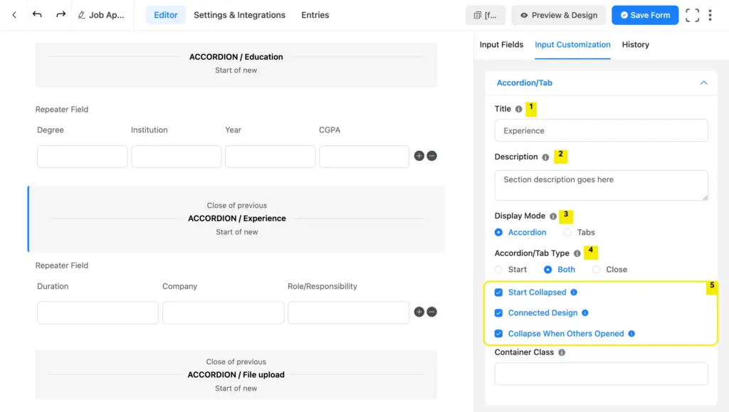 Fluent Forms accordion/tab features & settings