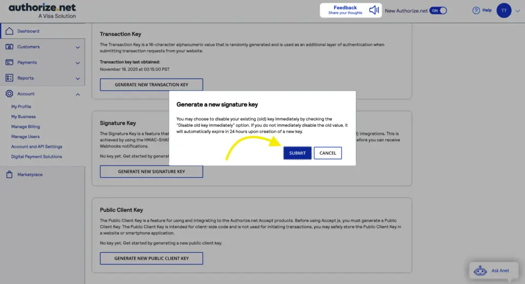 Generate new signature key authorize.net