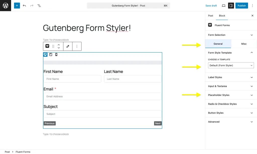 Gutenberg block styler in Fluent Forms free - general settings