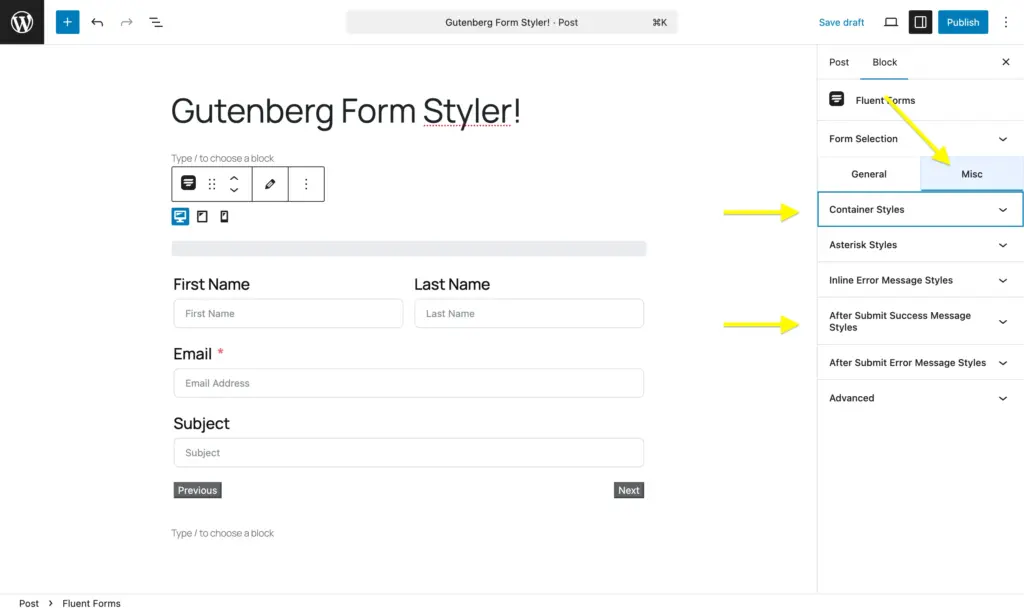 Gutenberg block styler in Fluent Forms free - misc settings