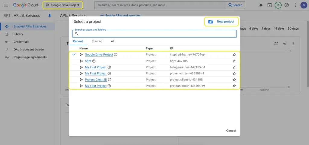 Select a project or create a new one