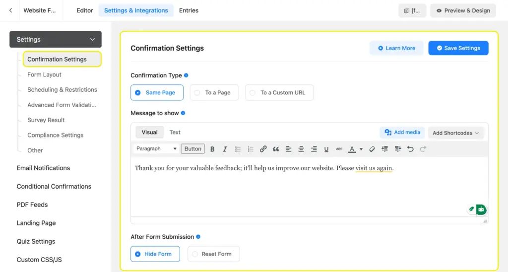 Show custom thank you message after users submit feedback