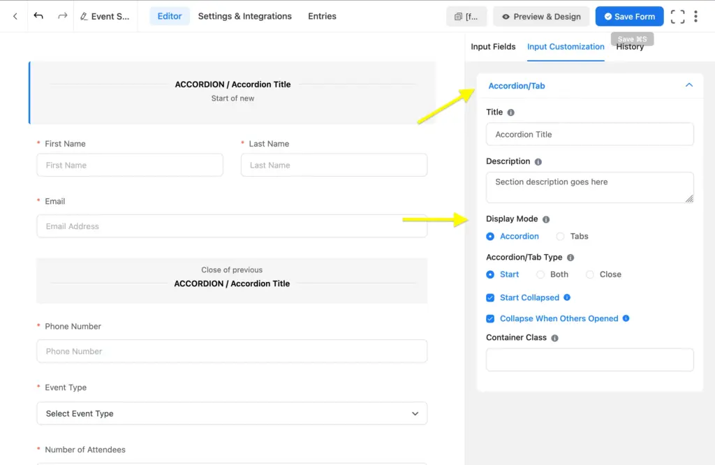 Accordion & tab input fields in Fluent Forms pro
