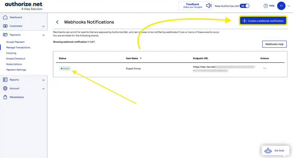 Active webhook notification