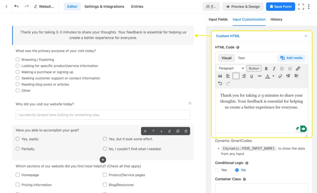 add a welcome message at the top using the visual HTML field