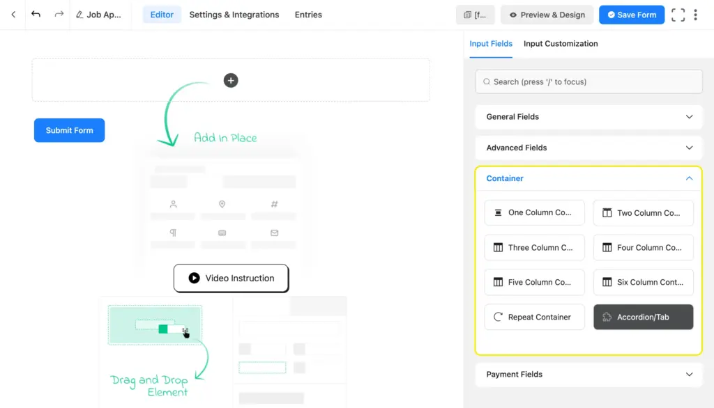 add accordion/tab input field from container fields