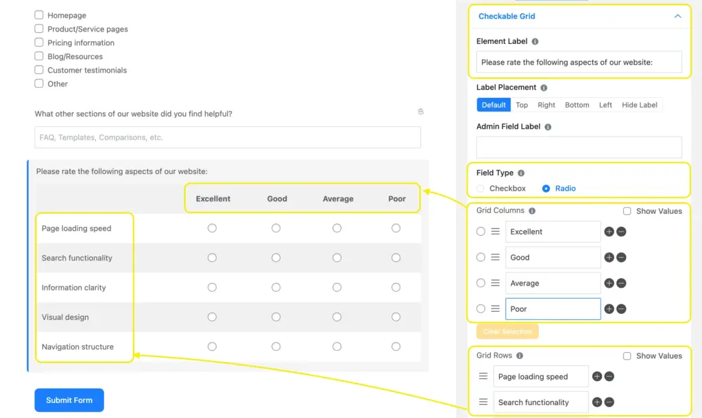 add checkable grid field to allow users to review multiple aspects in the same table