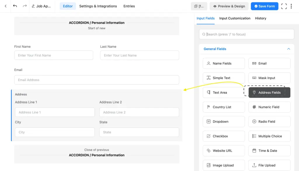 add relevant fields to an accordion section