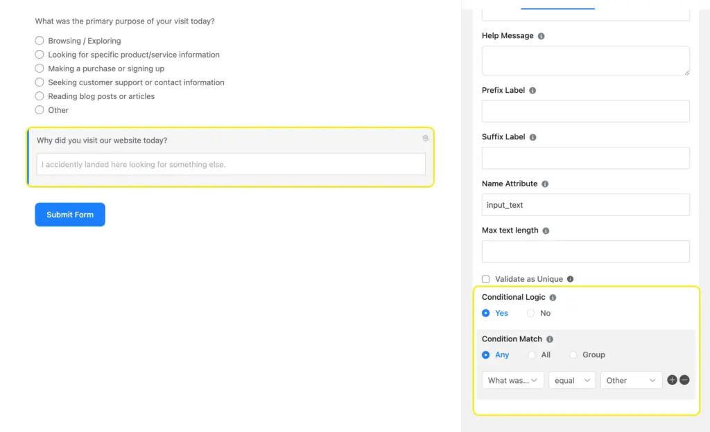 adding condition to link the other text field to the other option in radio or checkbox field