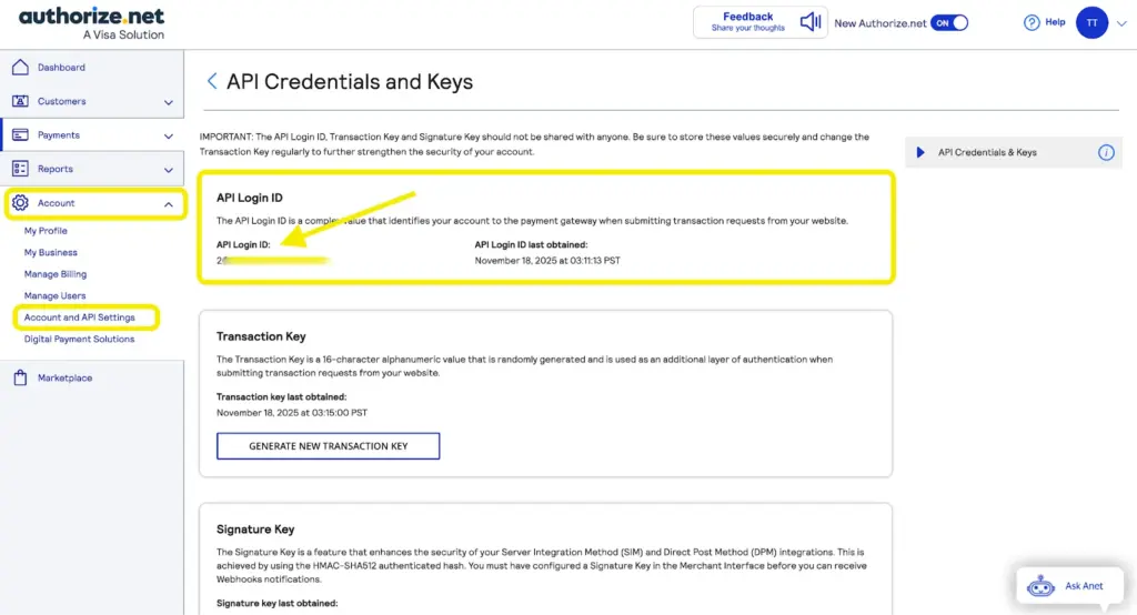 API Login ID authorize.net