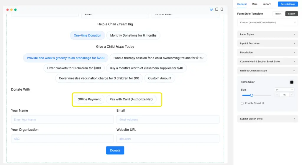 Payment Methods within the form