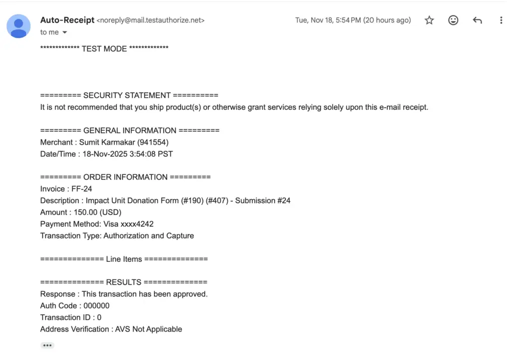 Email receipt for successful payment