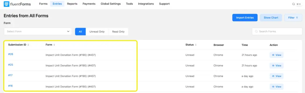 Fluent Forms Entries
