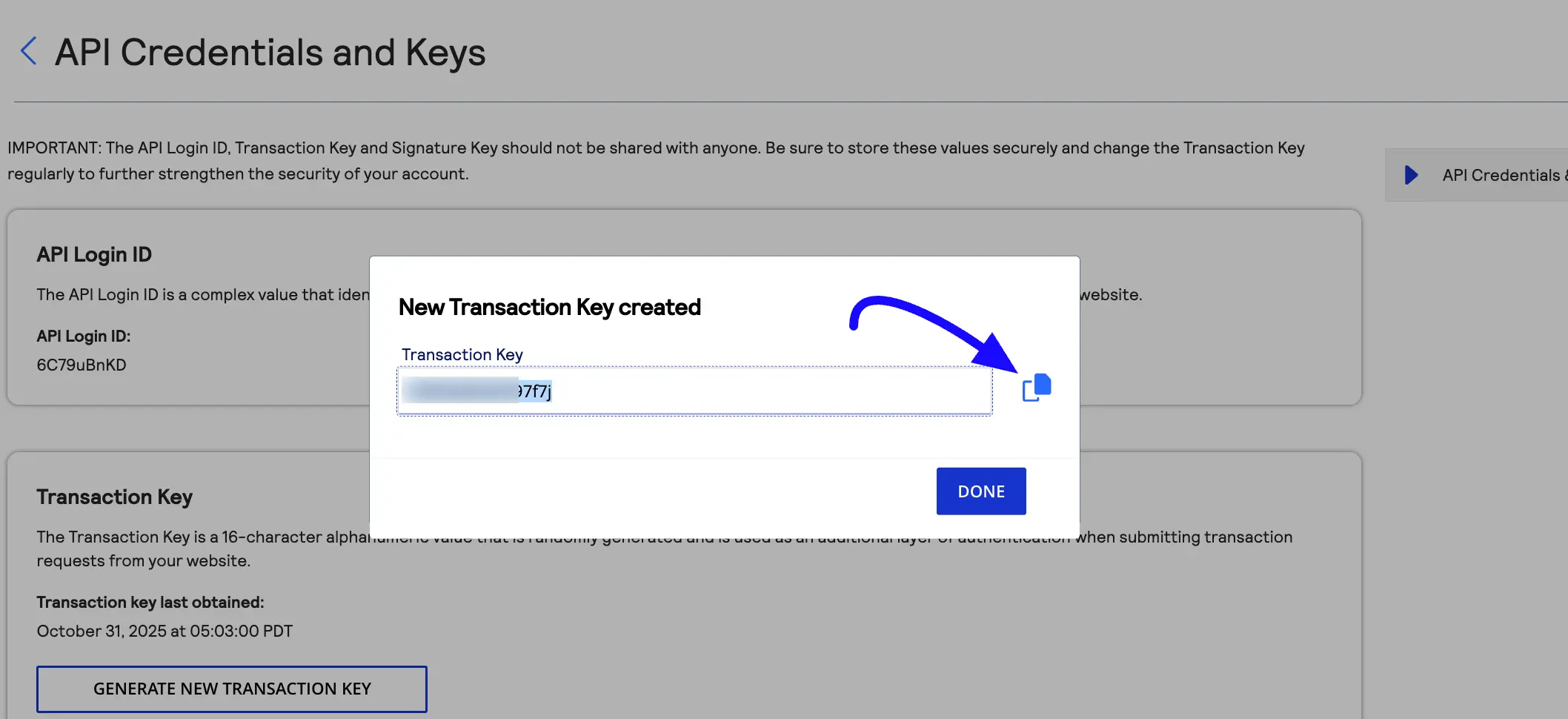 new transaction key created 06 61216