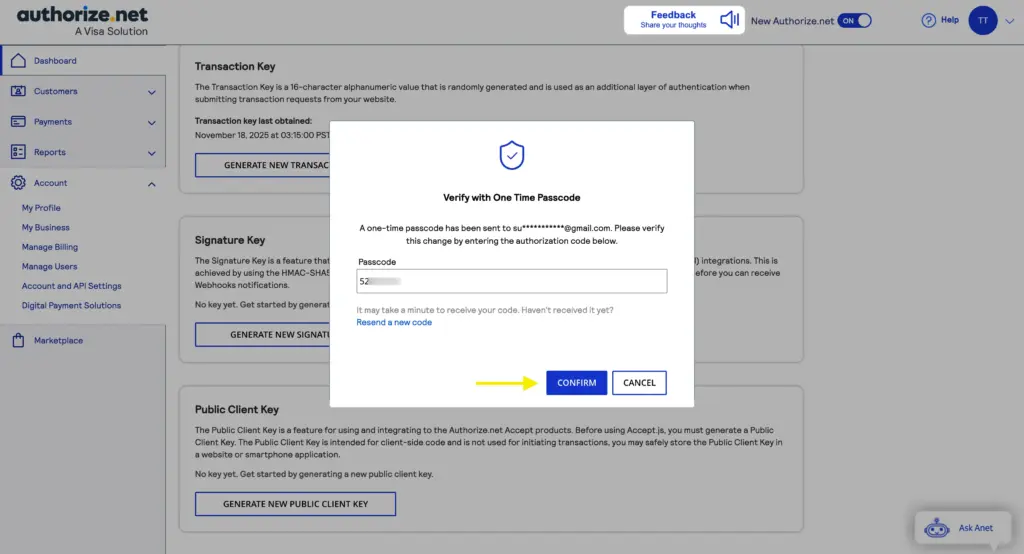 One time passcode for signature key authorize.net
