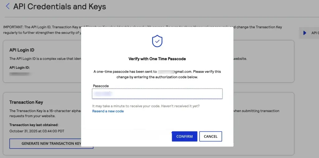 One time passcode for Transaction Key