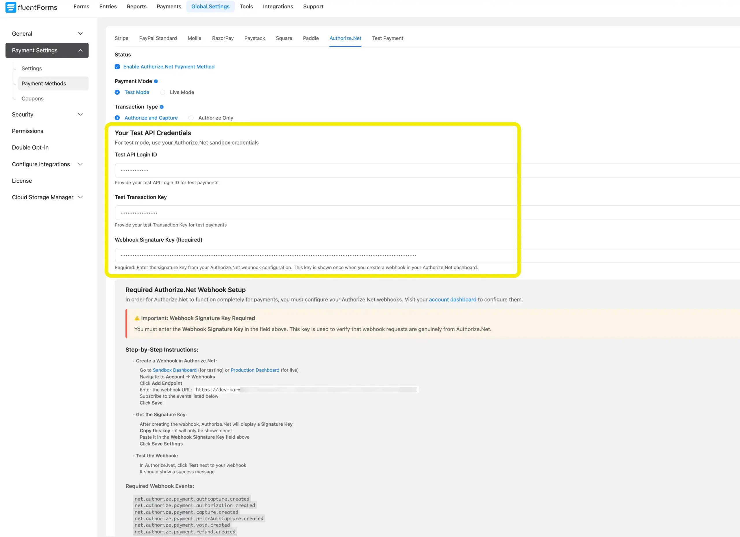 API Login ID, Transaction Key, Webhook Signature Key