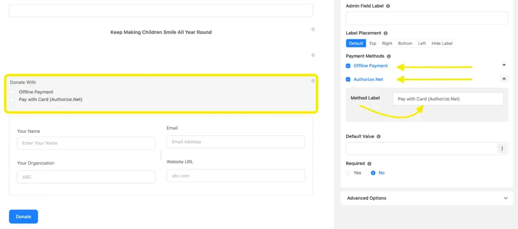 Payment Method Field- Methods - Offline Payment, Authorize.net