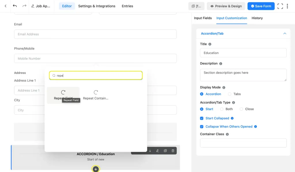 search for a field by clicking the plus icon