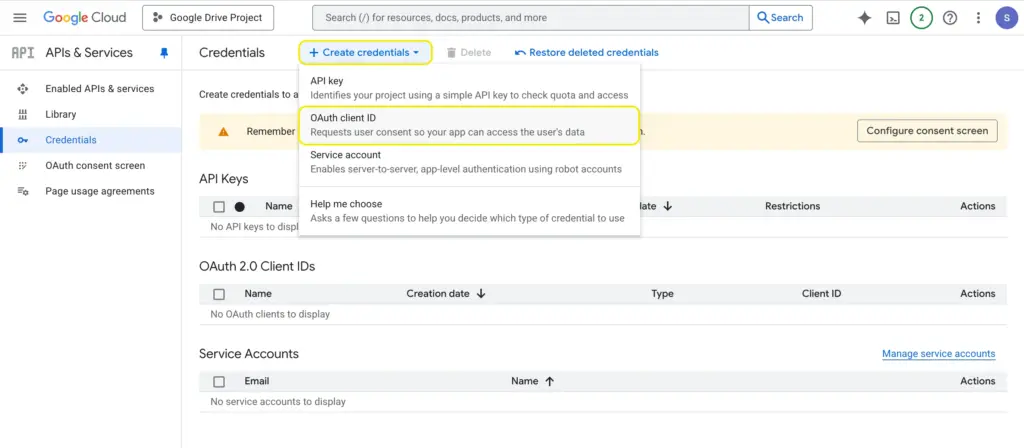 select the “OAuth client ID” and configure consent screen