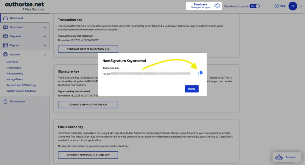 New signature key generated