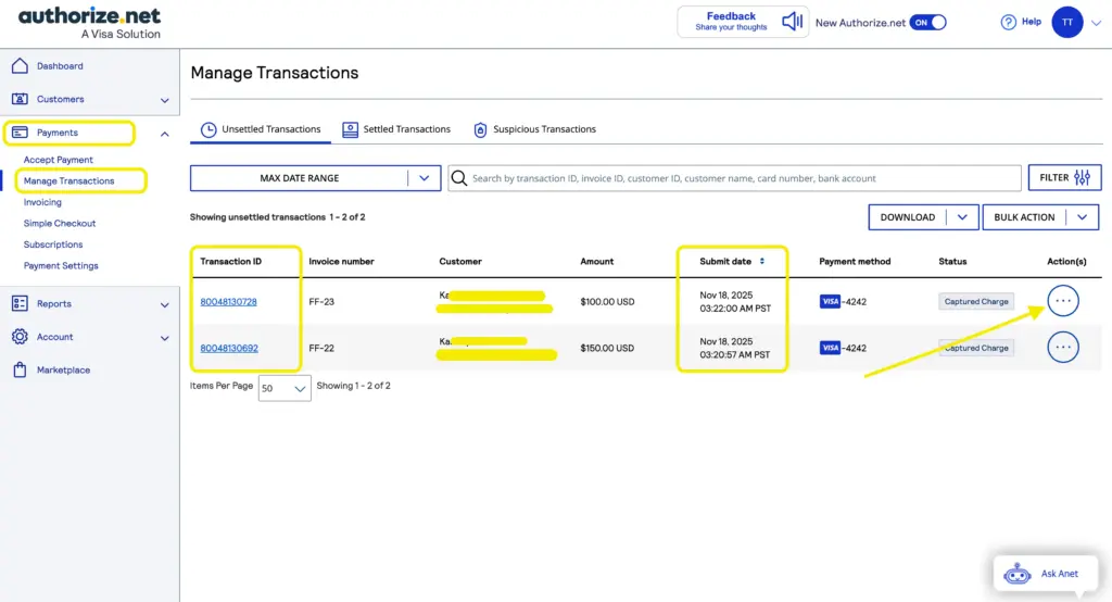 Payments - Manage Transactions -  Authorize.net dashboard