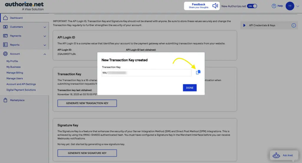 transaction key authnet 1 61570