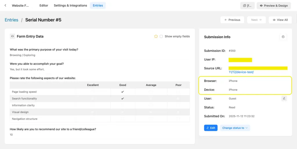 view users' device type and browser information to find your site's responsiveness