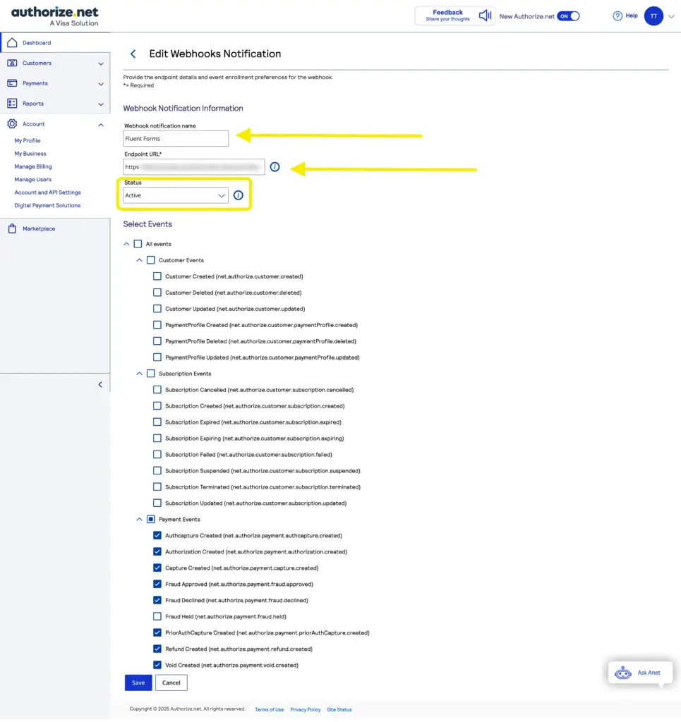 Edit Webhook Notification - Select webhook events