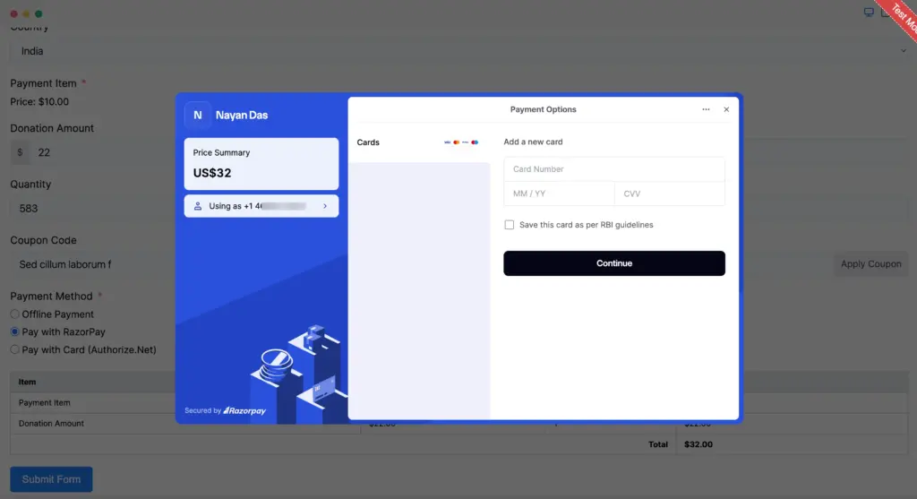 Modal checkout - Payment - Card info - Successful integration
