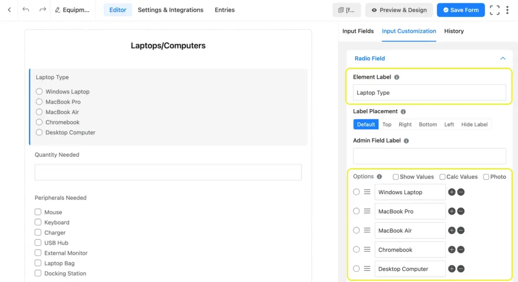 Fluent Forms radio options