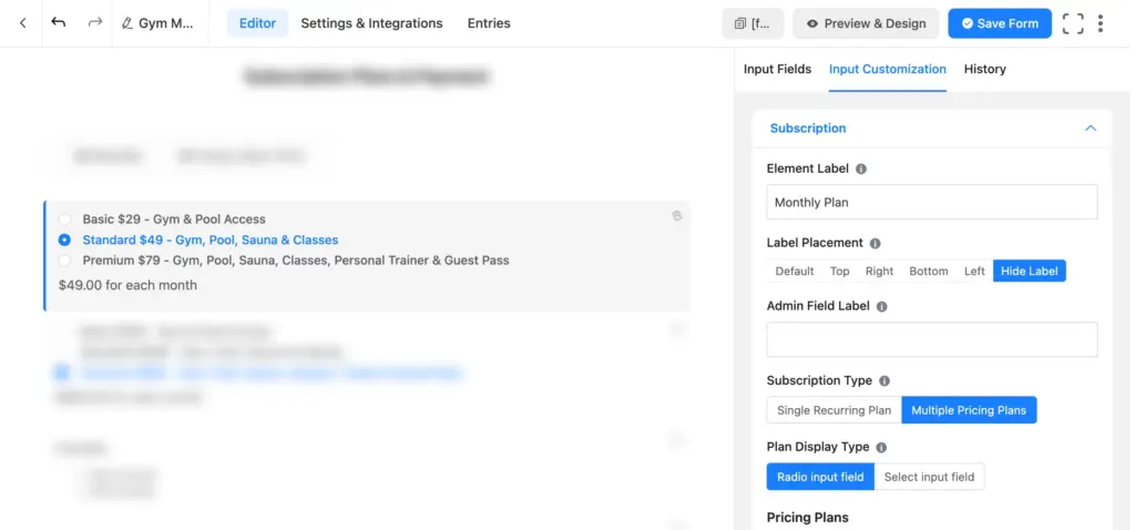 Fluent Forms subscription payment field